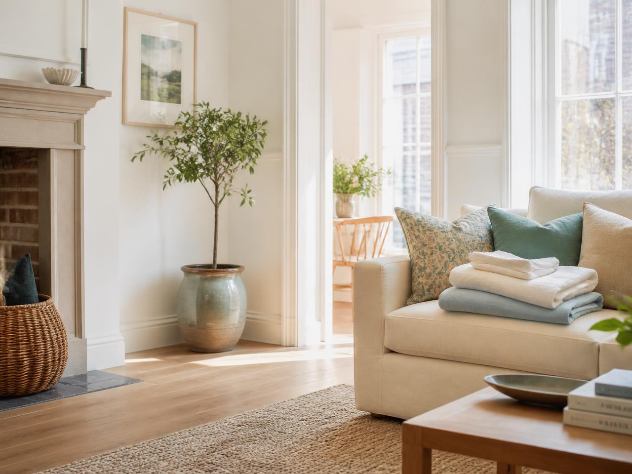 A sunlit, freshly cleaned living room with folded linen on the sofa